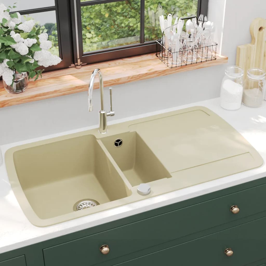 vidaXL Granite Kitchen Sink Double Basins Beige
