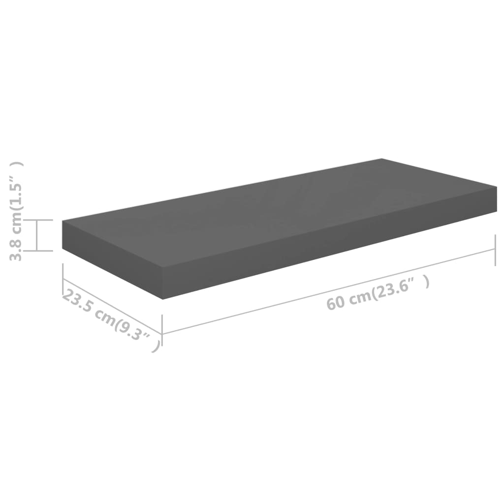 vidaXL Floating Wall Shelf High Gloss Grey 60x23.5x3.8 cm MDF