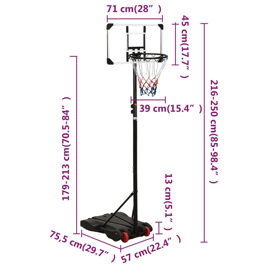 vidaXL Basketball Stand Transparent 216-250 cm Polycarbonate