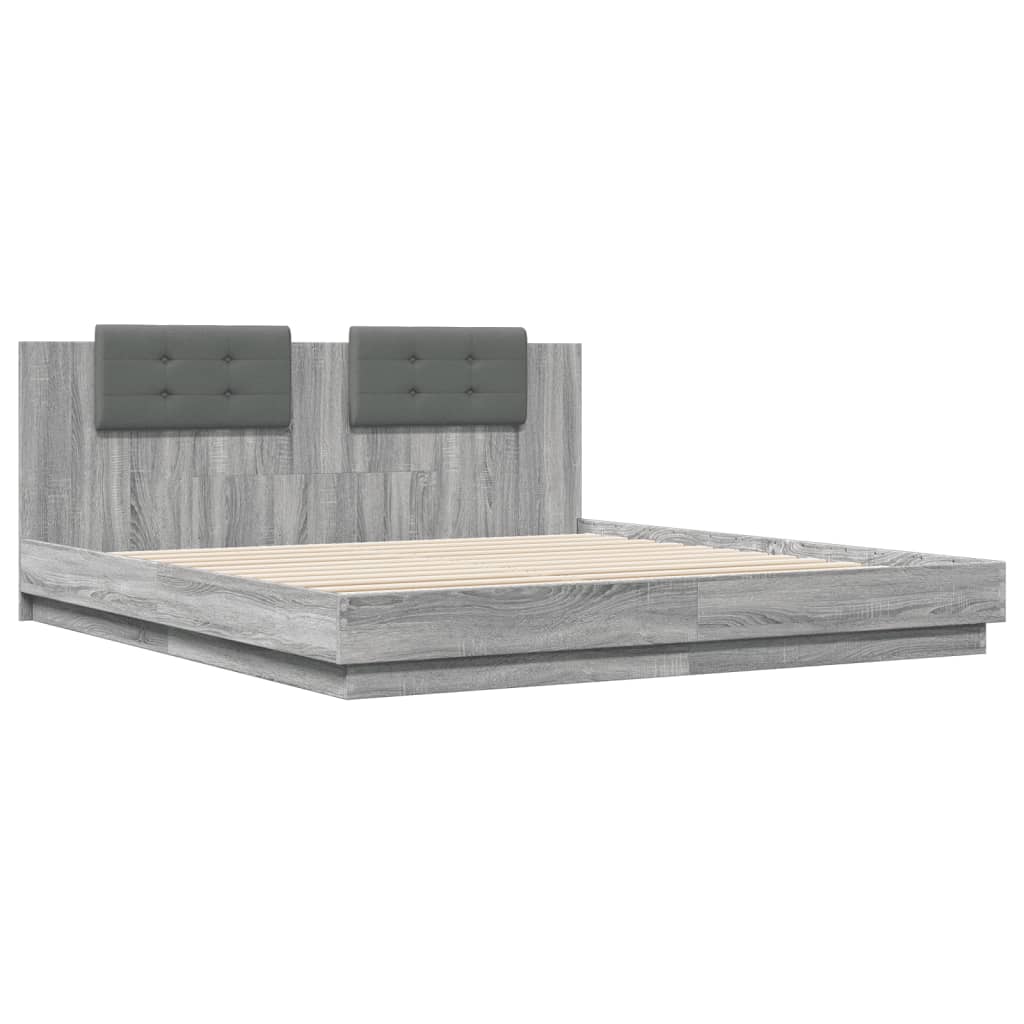 vidaXL Bed Frame with Headboard and LED Lights Grey Sonoma 180x200 cm Super King