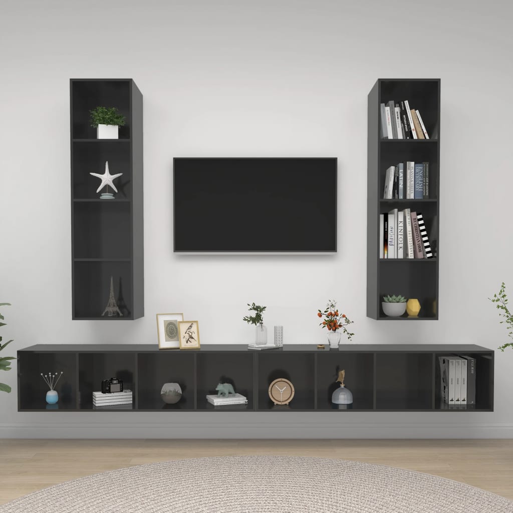 vidaXL Wall-mounted TV Cabinets 4 pcs High Gloss Grey Engineered Wood