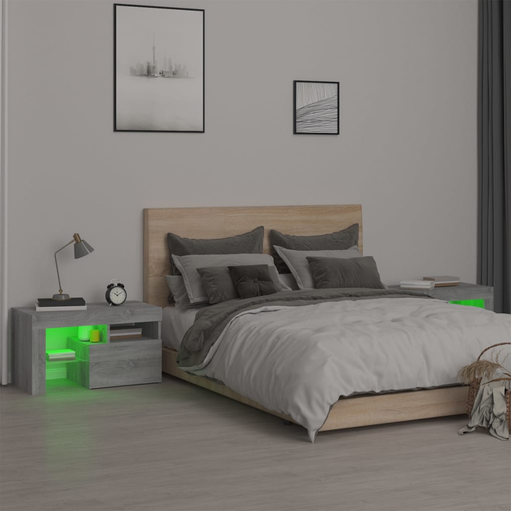 vidaXL Bedside Cabinets 2 pcs with LED Lights Grey Sonoma 70x36.5x40 cm