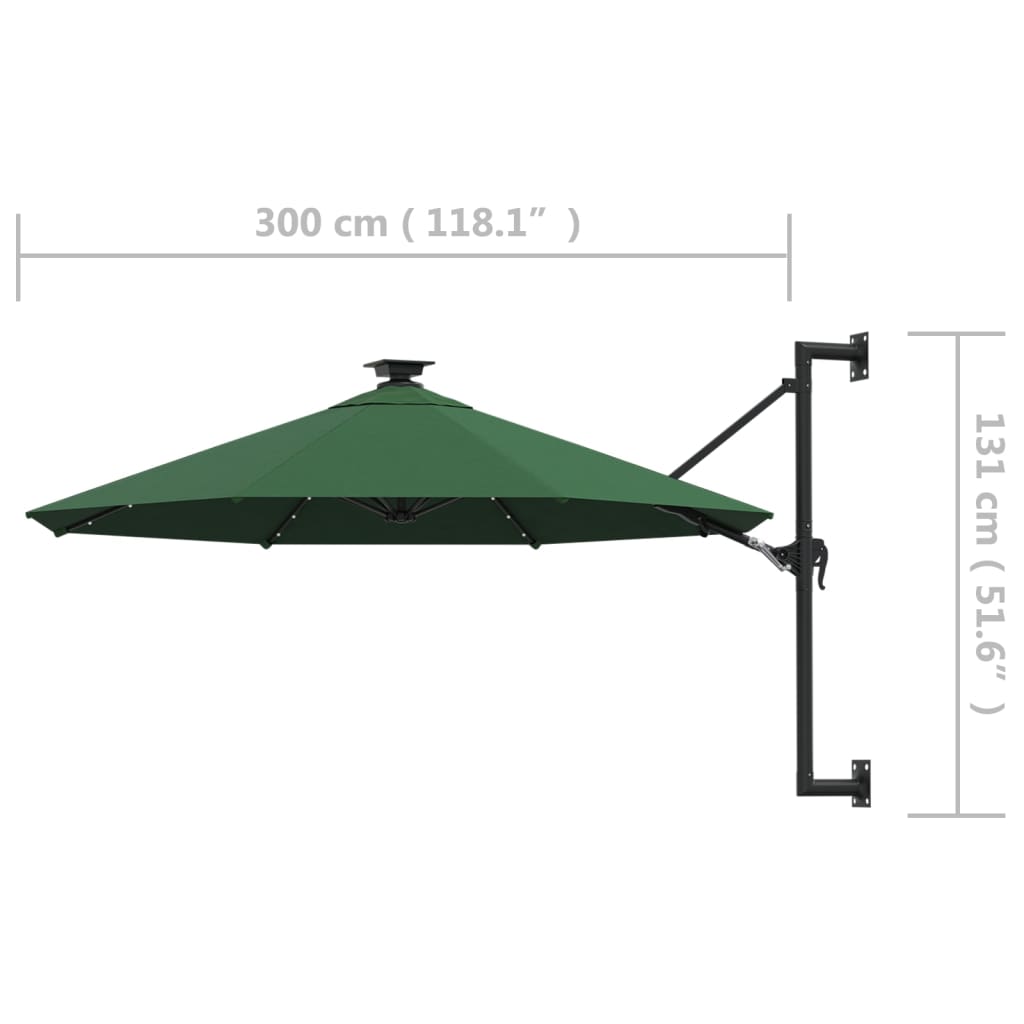 vidaXL Wall-mounted Parasol with LEDs and Metal Pole 300 cm Green