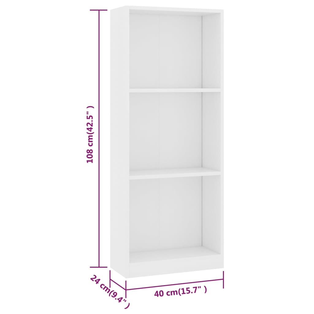 vidaXL 3-Tier Book Cabinet White 40x24x108 cm Engineered Wood