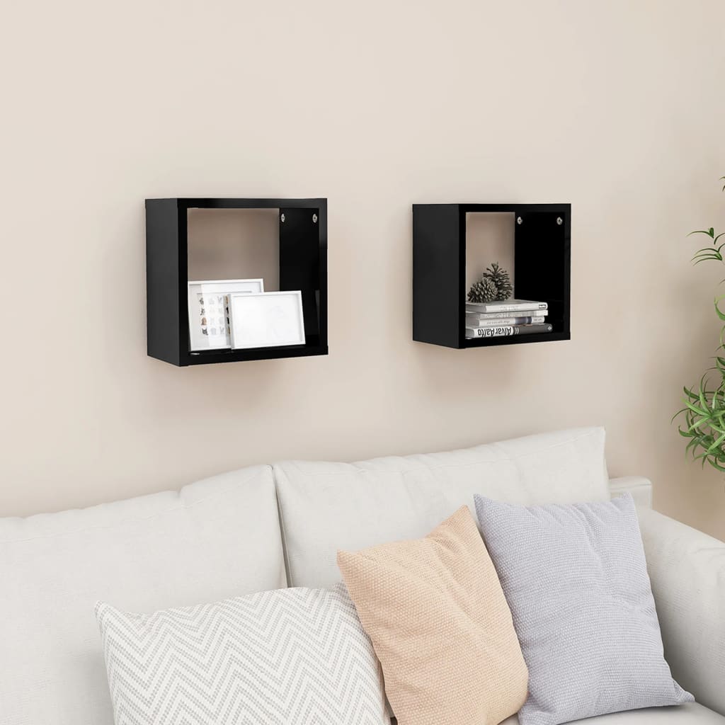 vidaXL Wall Cube Shelves 2 pcs High Gloss Black 26x15x26 cm