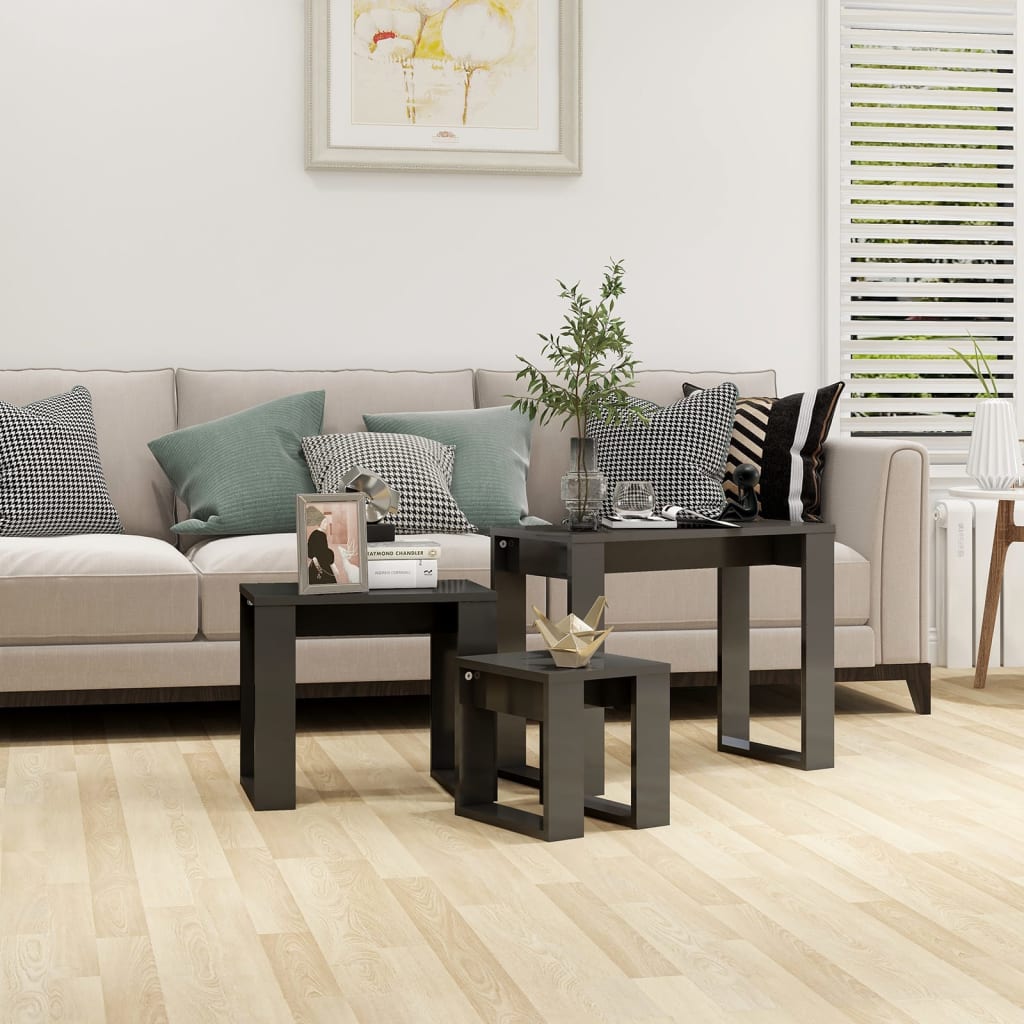 vidaXL Nesting Tables 3 pcs High Gloss Grey Engineered Wood