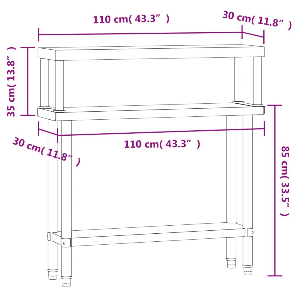 vidaXL Kitchen Work Table with Overshelf 110x30x120 cm Stainless Steel