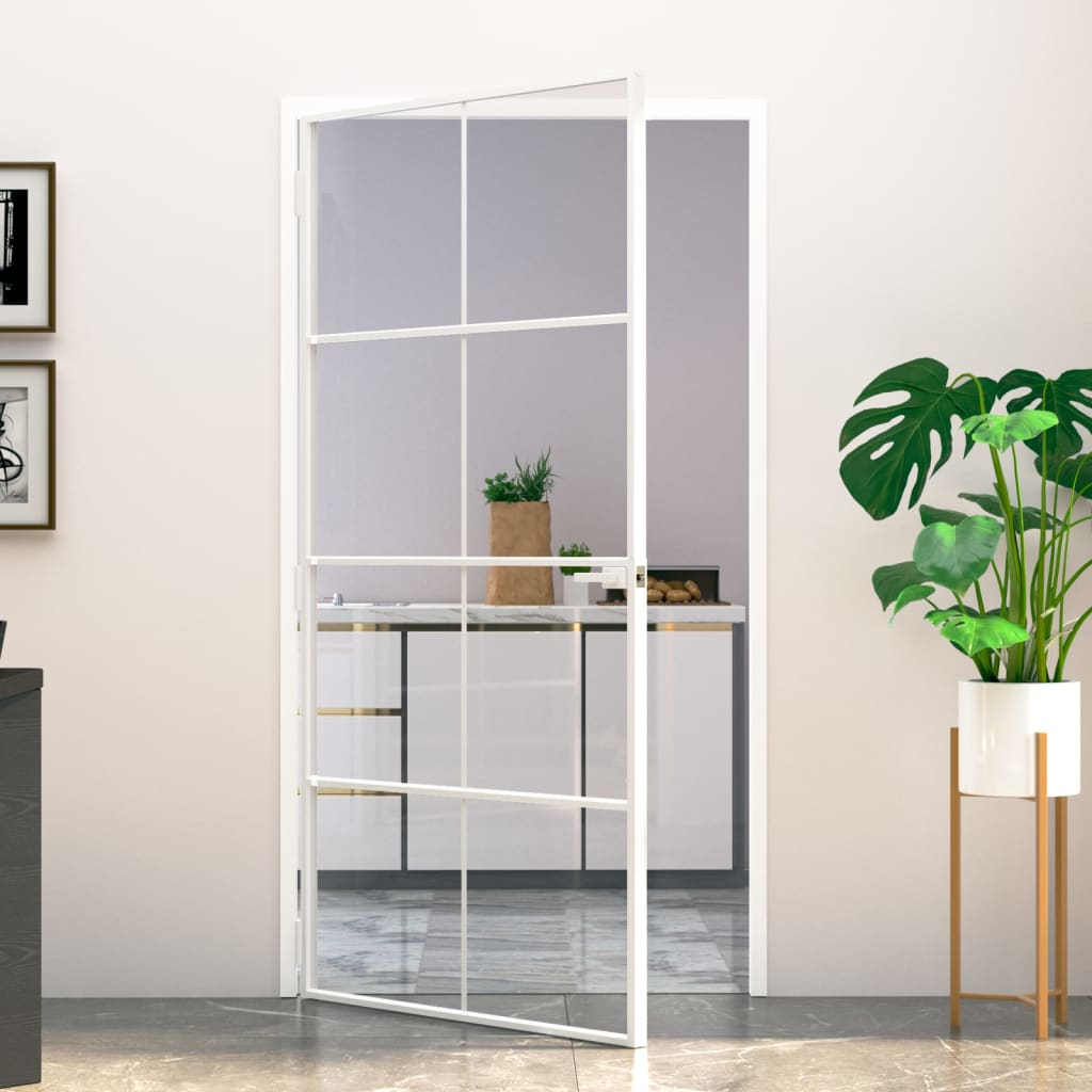 vidaXL Interior Door White 102x201.5 cm Tempered Glass&Aluminium Slim