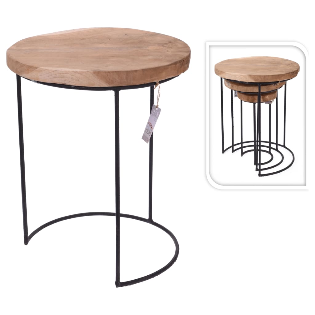 H&S Collection 3-Piece Side Table Set Teak and Metal