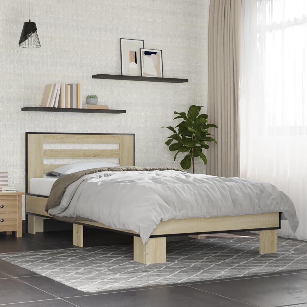 vidaXL Bed Frame Sonoma Oak 90x190 cm Single Engineered Wood and Metal ...